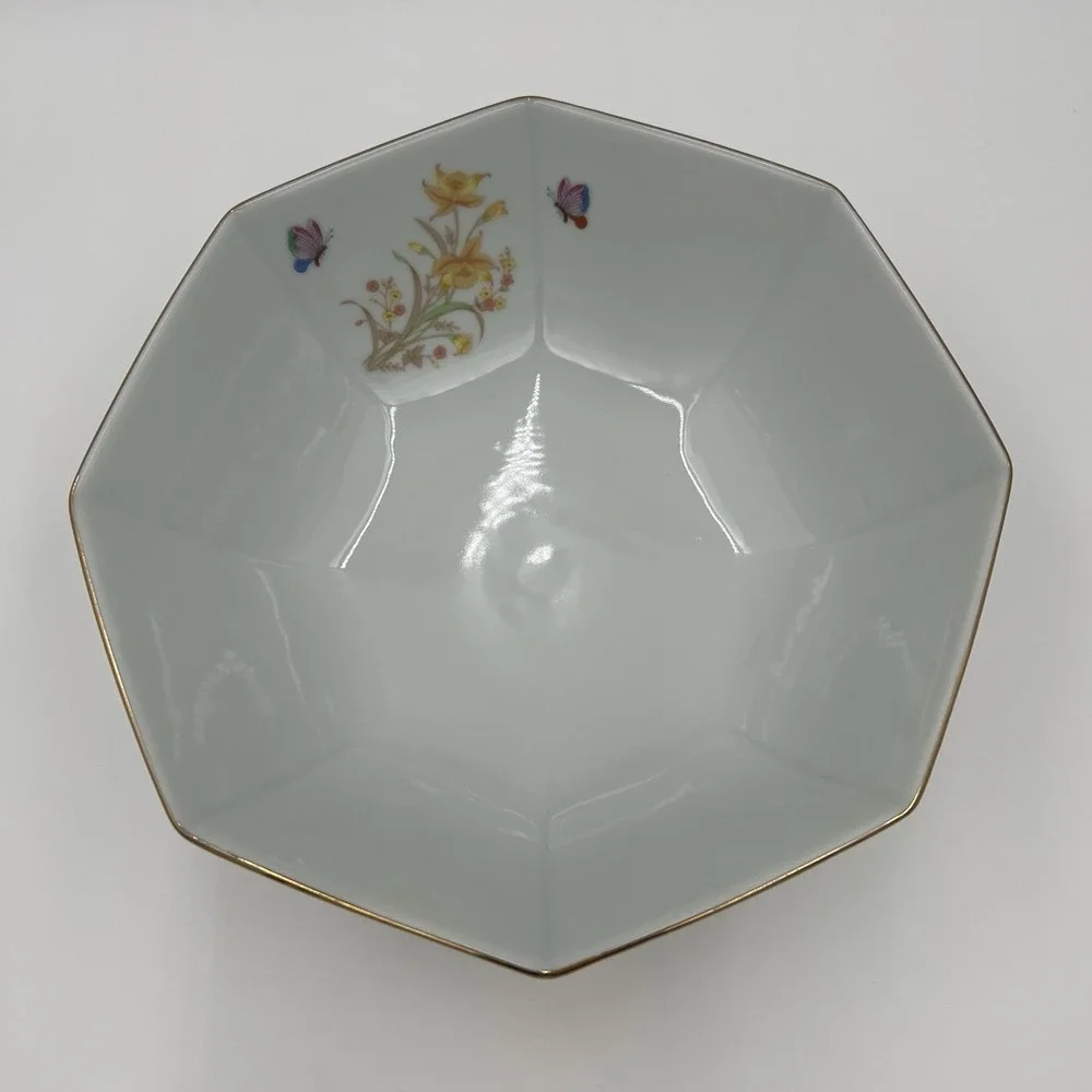 Shaddy Fine China Japan Octagonal Bowl‎ Floral Butterfly Gold Rimmed